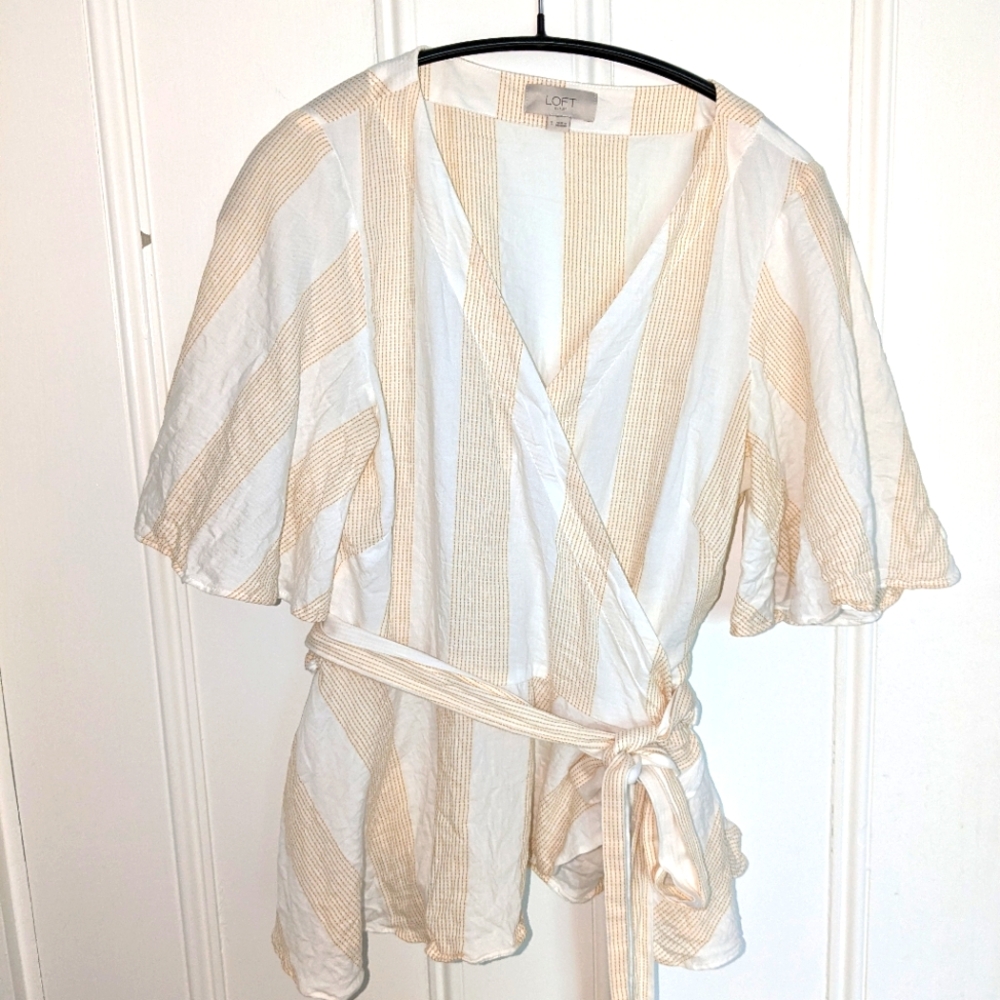 LOFT Striped wrap top sz S, cream with Marigold yellow stitched stripes
